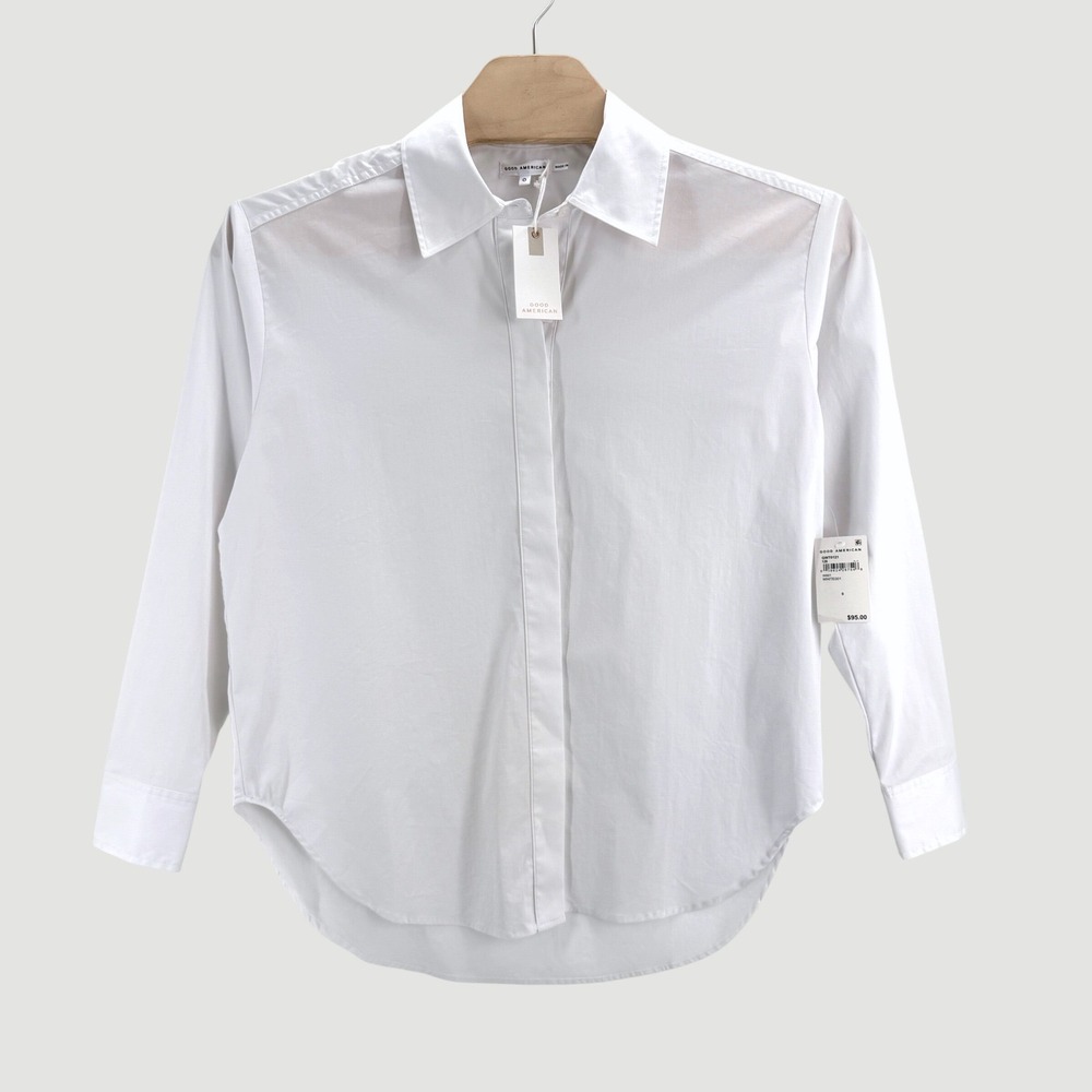 Good American White Oversized Poplin Shirt Sz 0 Cotton Blend XS Modern Chic NEW